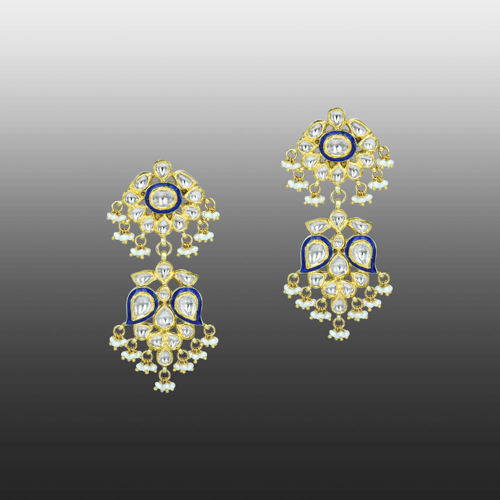 Polki Earrings with Blue Enamel and Cascading Pearls